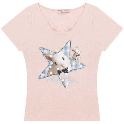 Star Rabbit Pink V-Neck T-Shirt