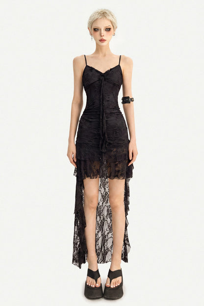 Irregular Hem Black Lace Suspender Dress