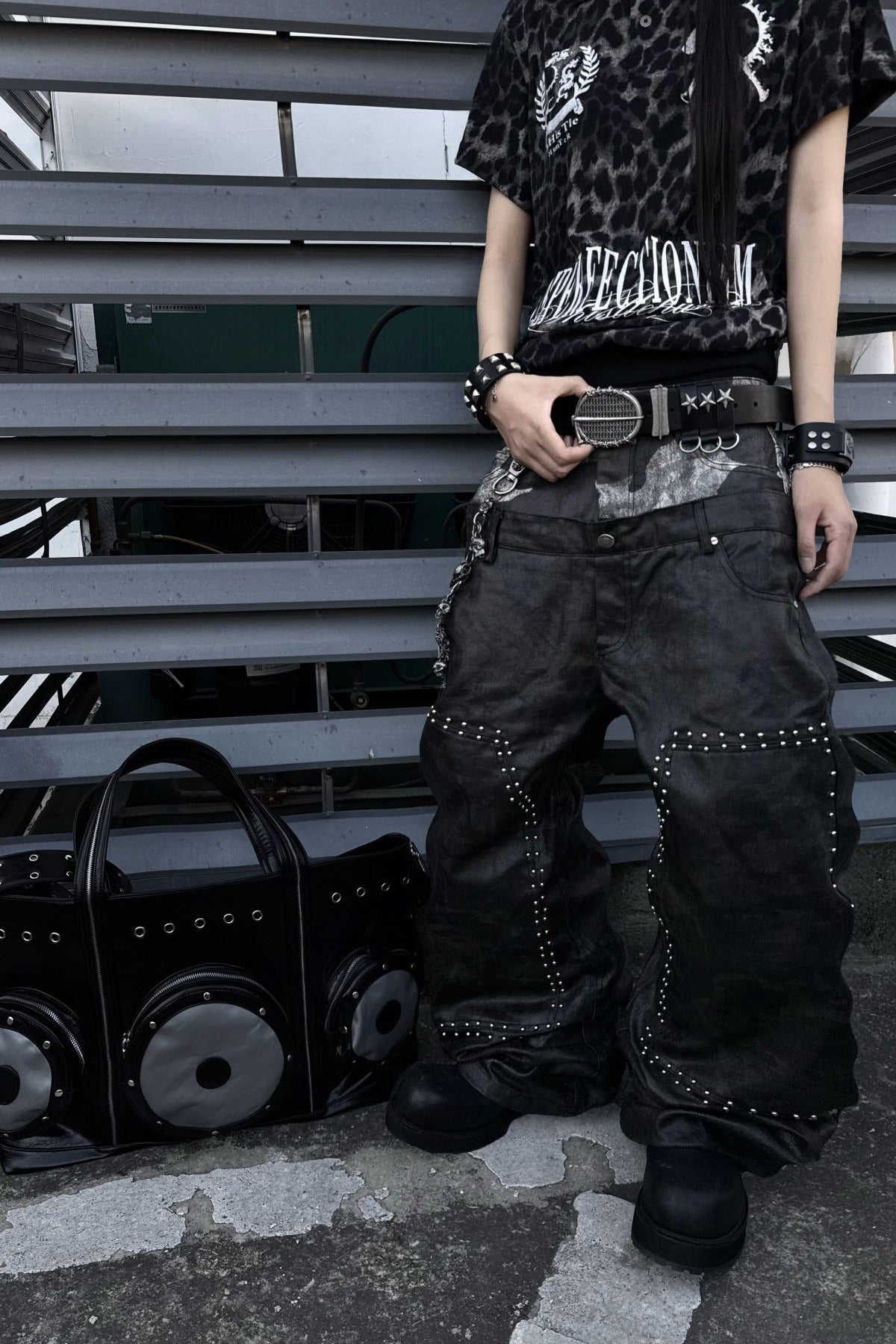 Camouflage Wax-Coated Distressed Denim Pants