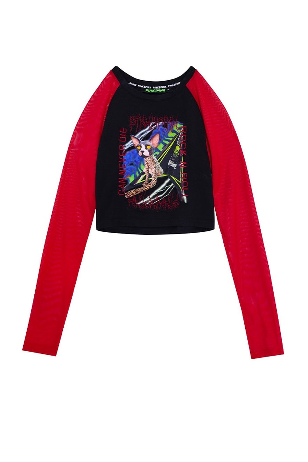 Sphynx Cat Mesh Sleeve Patchwork T-shirt