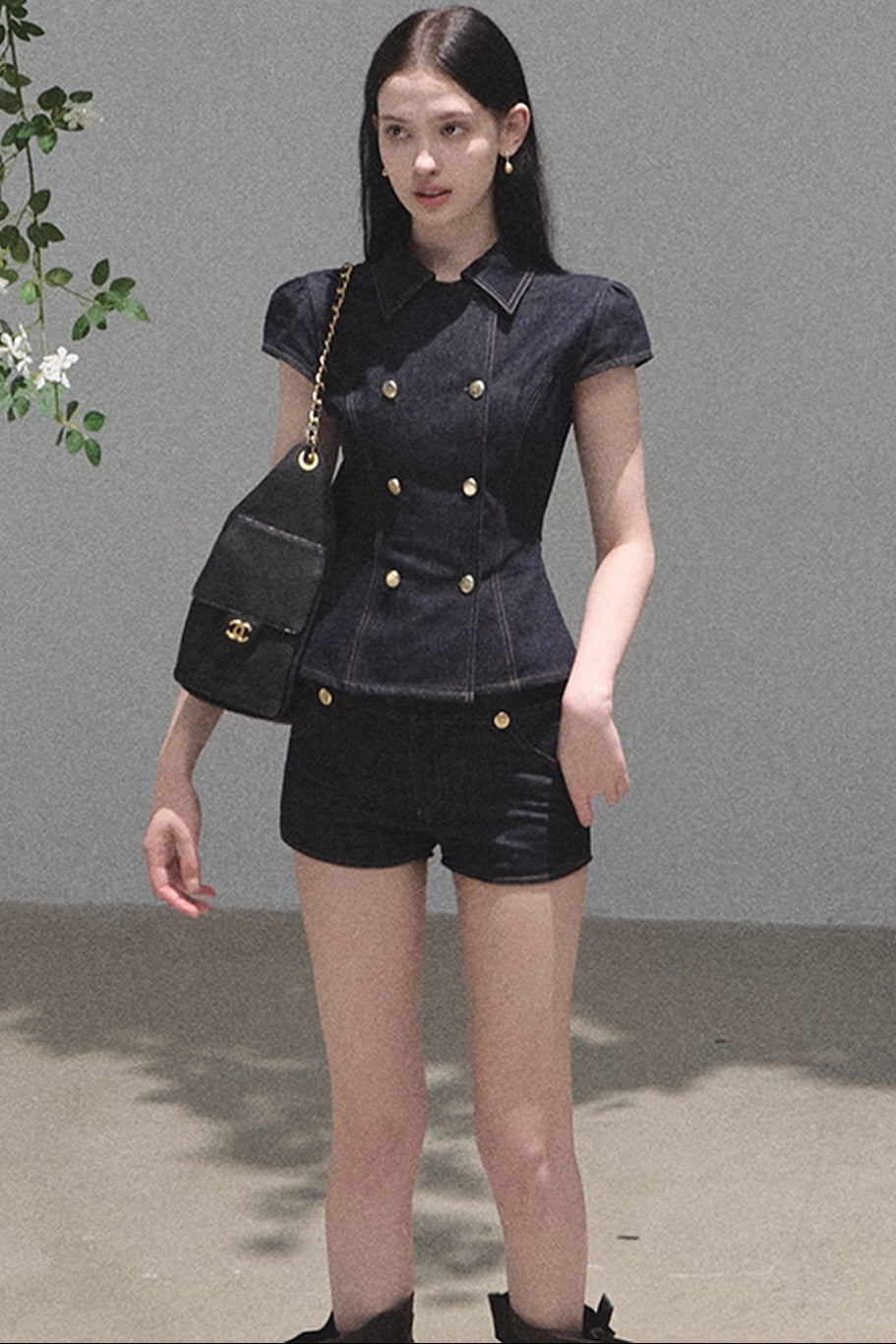 Retro Denim Waist-Cinching Dress Set-Up