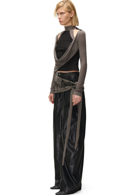 Layered-Look Swing Collar Off-Shoulder T-Shirt