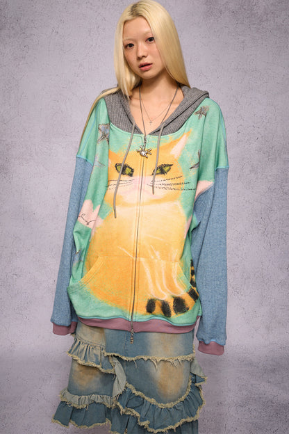 Cat Print Patchwork Sweatshirt Jacket