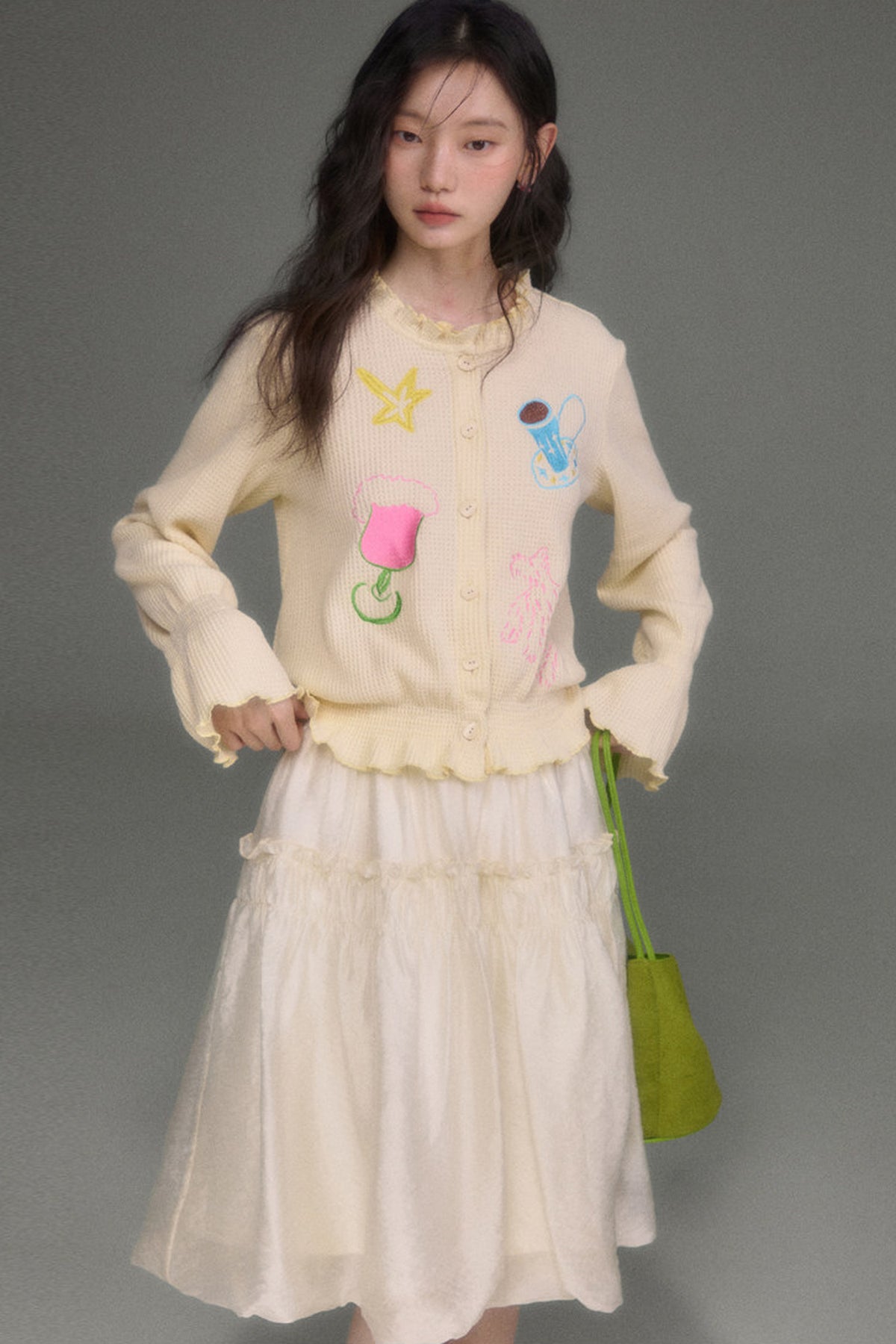 Hand-Painted Embroidered Bell-Sleeve Knit Cardigan