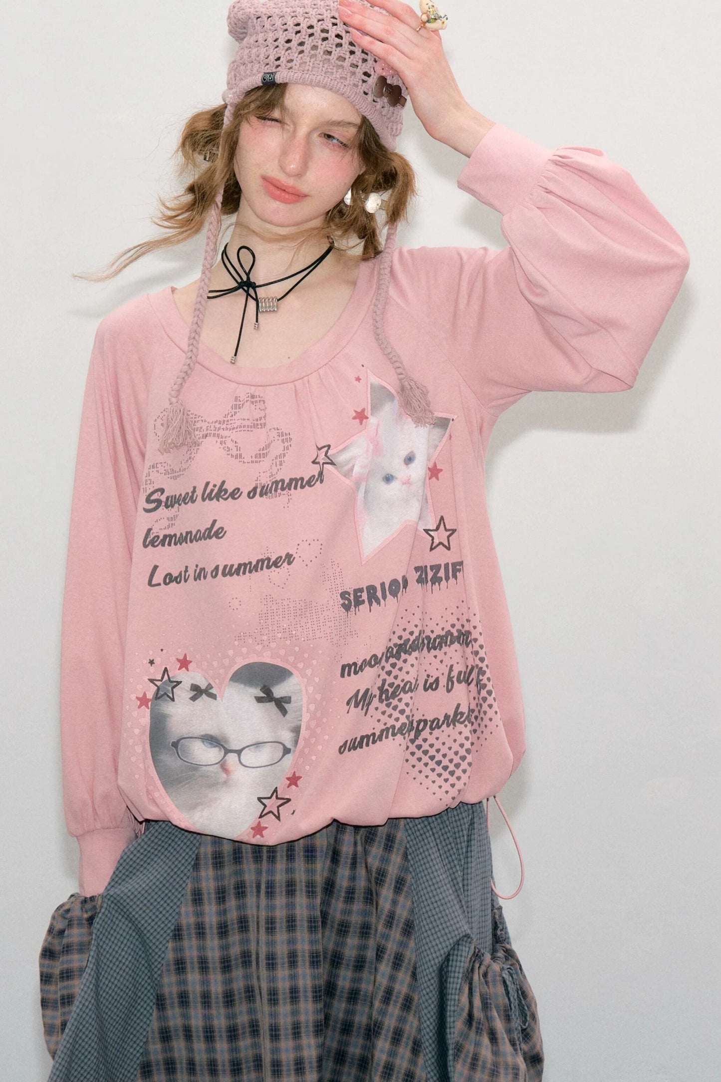 Tee-shirt rose à imprimé chat et manches lanterne