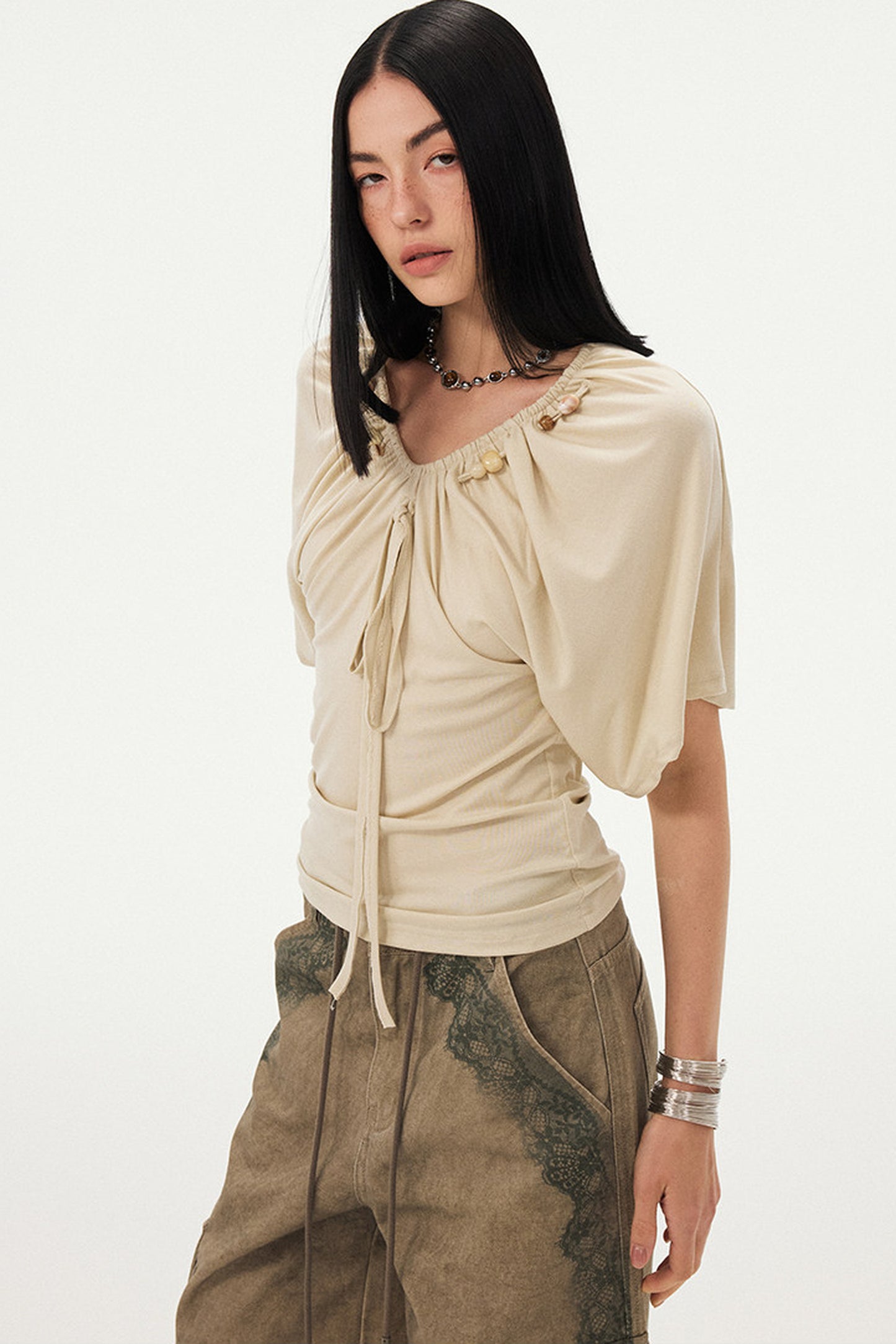 Beaded V Neck Batwing Blouse