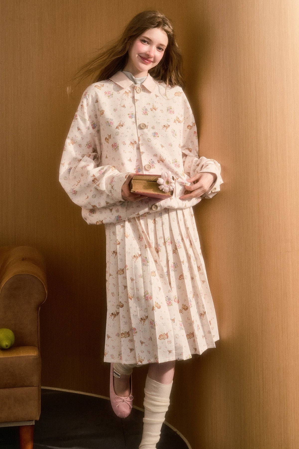 Elastic Waist Deer A-Line Pleated Skirt