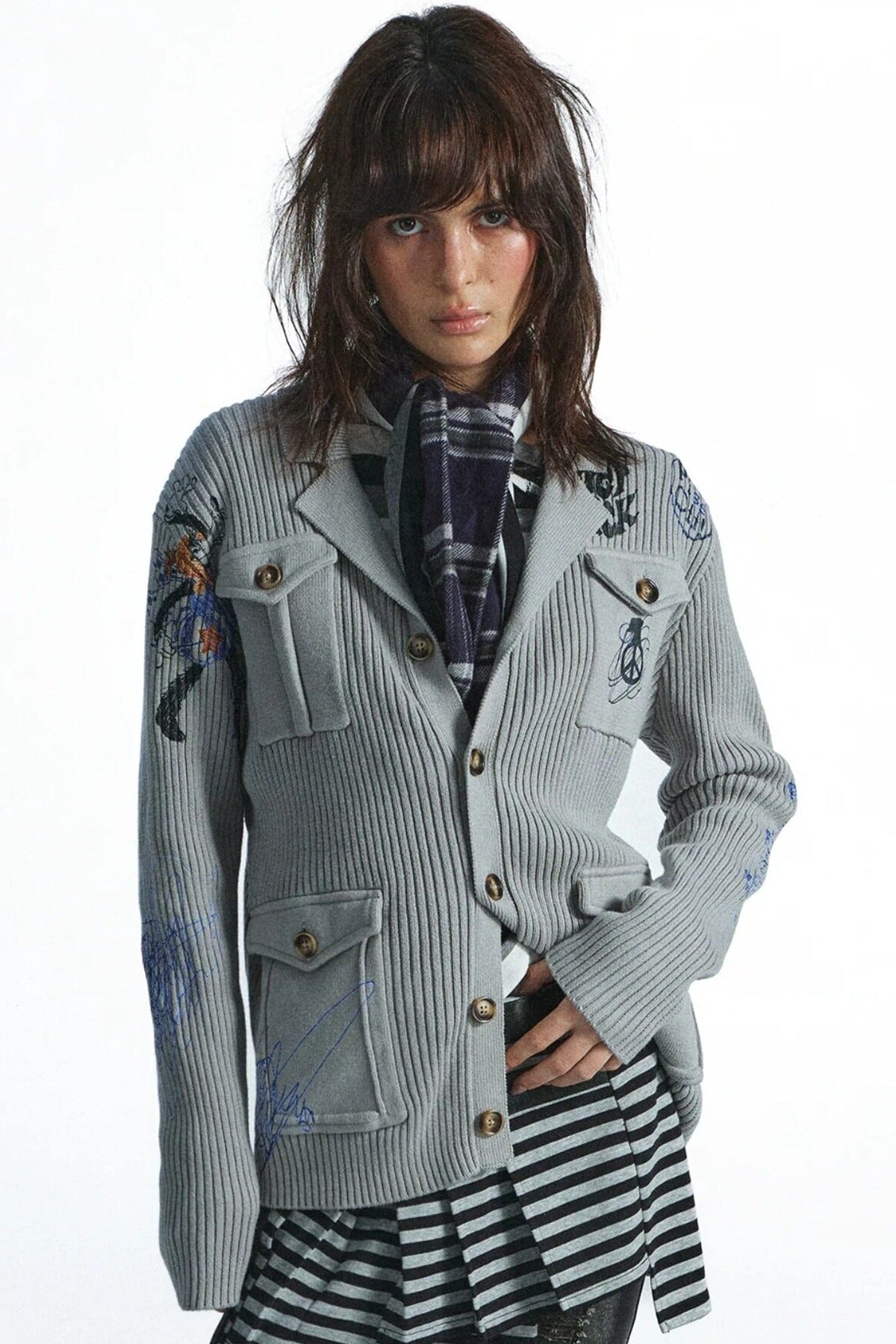 Distressed Graffiti Deconstructed Patch Pocket Cardigan