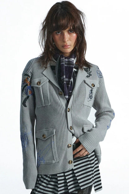 Distressed Graffiti Deconstructed Patch Pocket Cardigan