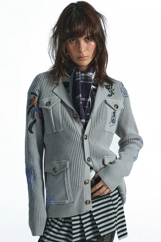 Distressed Graffiti Deconstructed Patch Pocket Cardigan