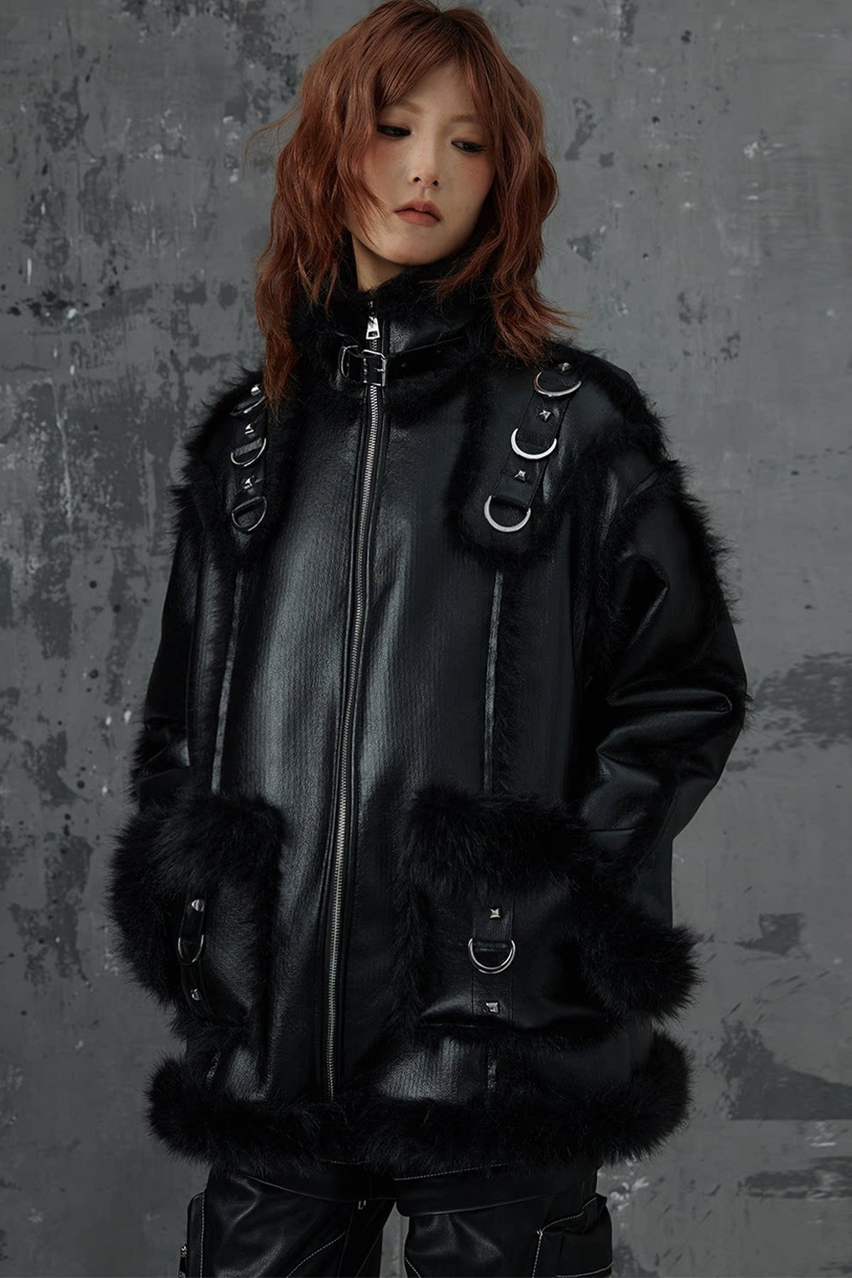 Dark Punk Metal Leather Fur Jacket