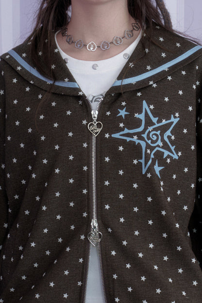 Brown Blue Swirl Star Navy Collar Jacket Set-Up