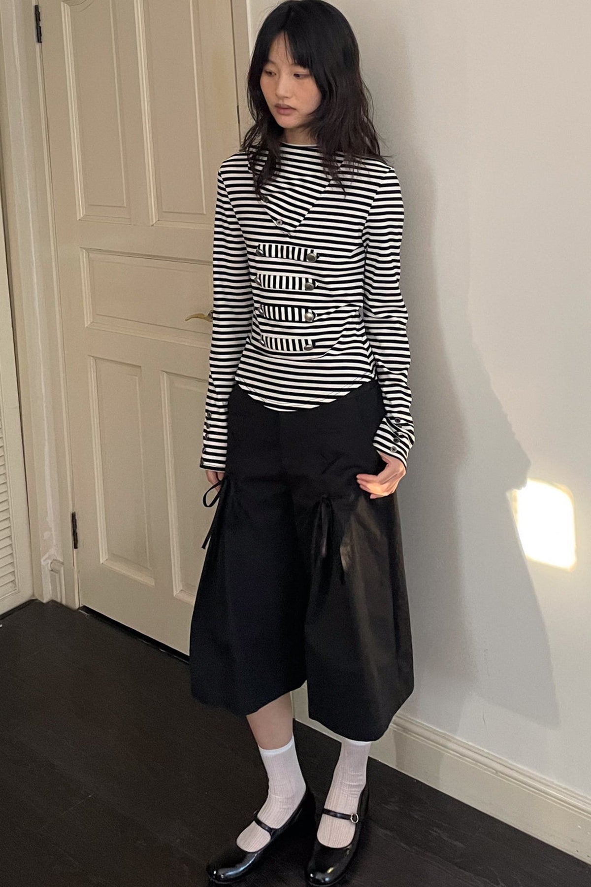 Metal Buckle Striped Knit Hood Top