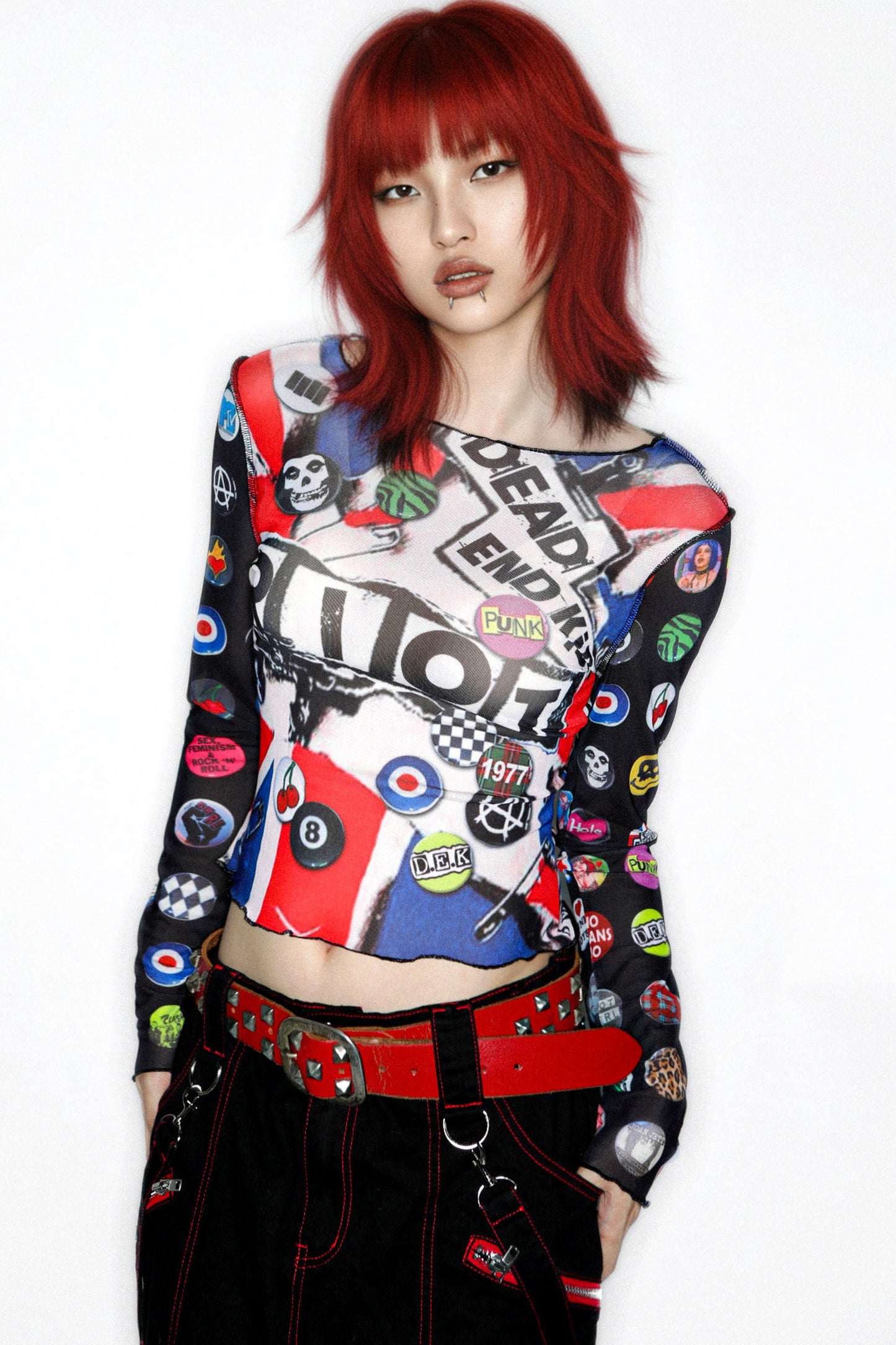 Y2K Graphic Long Sleeve Mesh Top