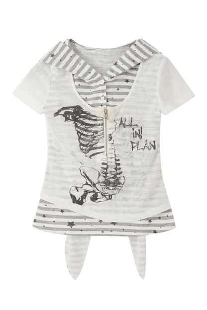 Striped Collar Skeleton Graphic Hooded Top
