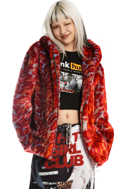 Leopard Print Fur Hooded Jacket