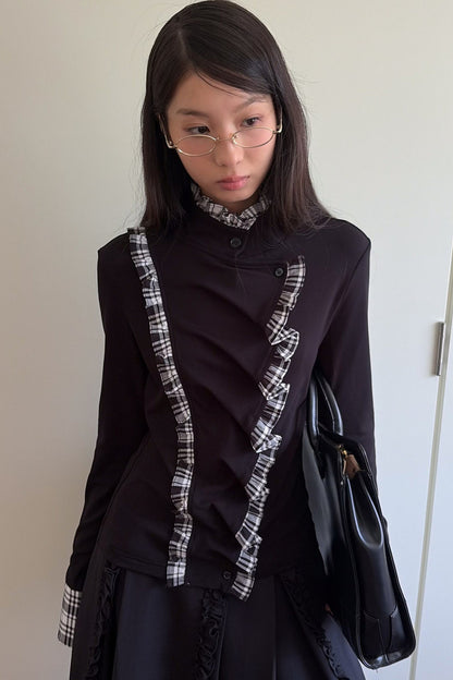 Plaid Ruffle Mock Collar Shirt