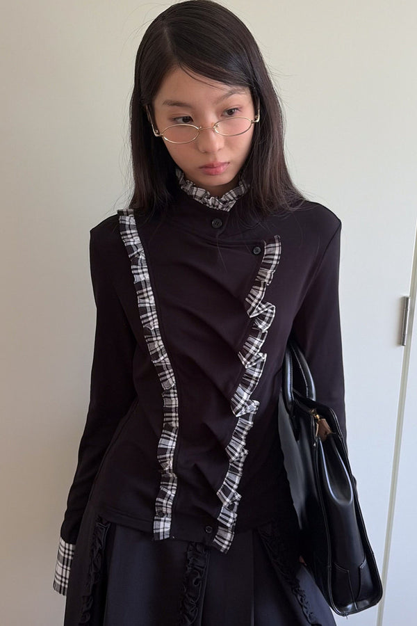 Plaid Ruffle Mock Collar Shirt