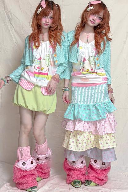 Mint Green Striped Mid-Sleeve Lace Jacket