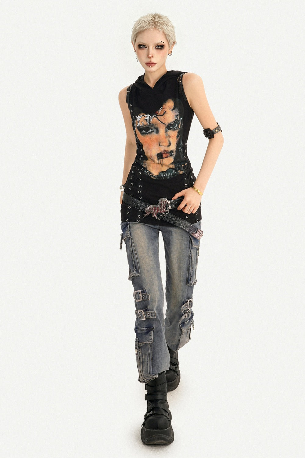 Punk Rivet Printed Hooded Dress