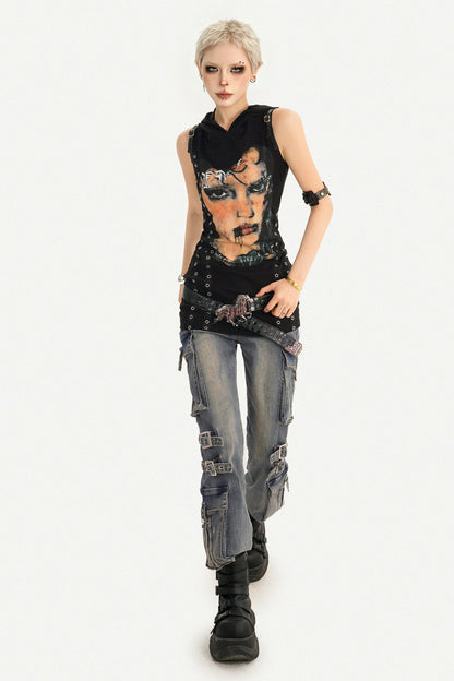 Punk Rivet Printed Hooded Dress