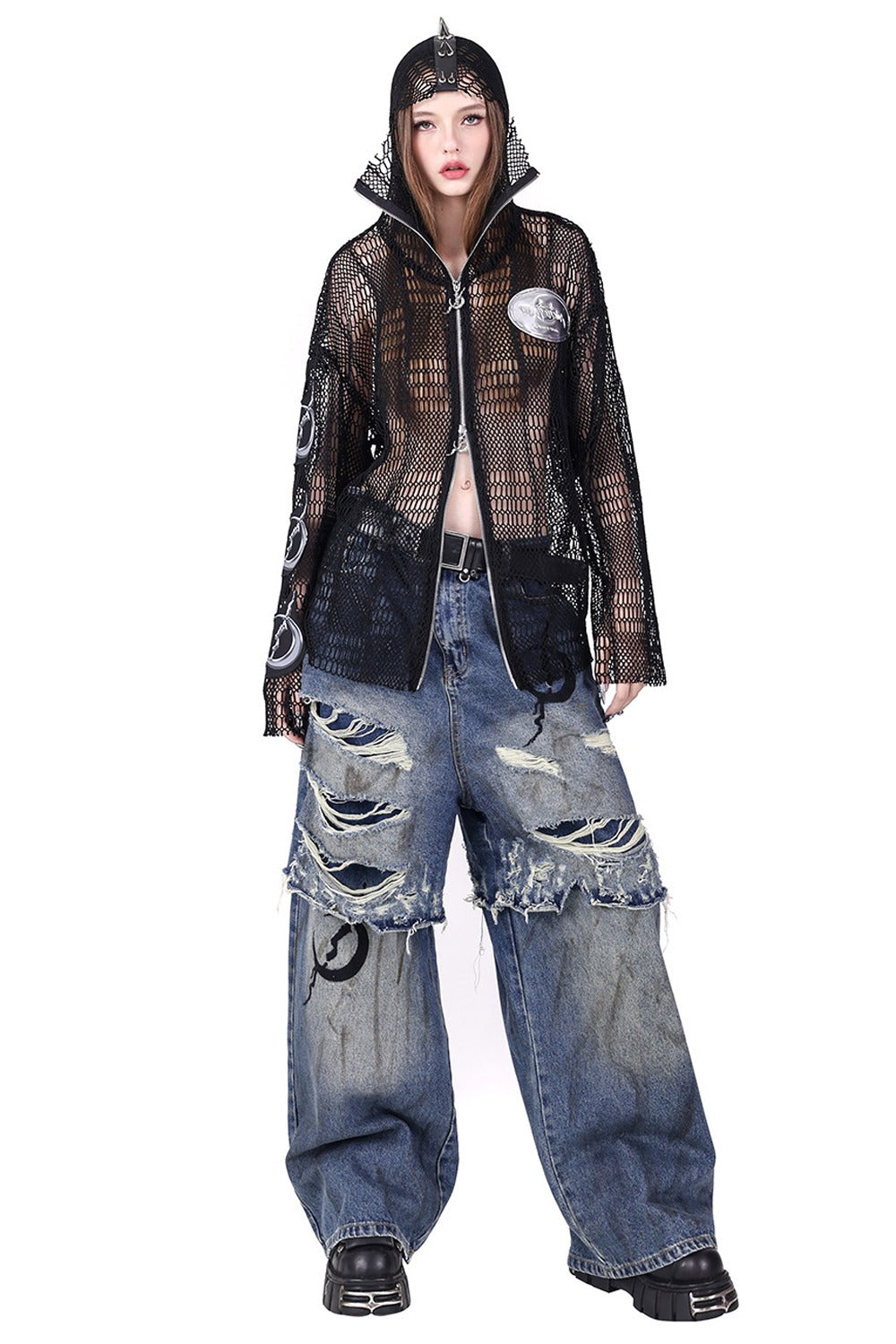 Rivet Hooded Mesh Patch Embroidery Jacket