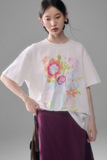 Hand-Painted Floral Bird Embroidered T-Shirt