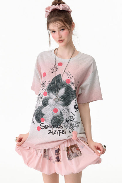 T-Shirt mit rosa Farbverlauf und Katzenprint