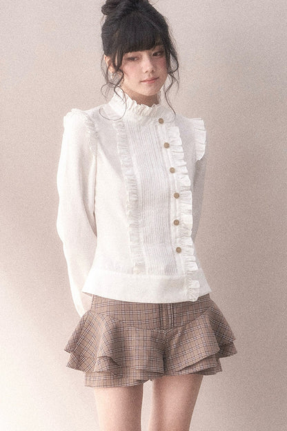 Multi-Layered Ruffled Brown Plaid Skirt