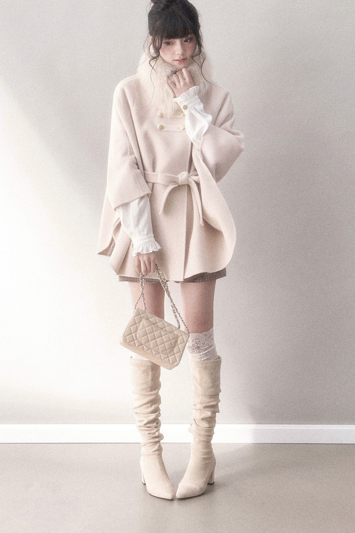 Double-Sided Wool Metal Button Cape Coat Set