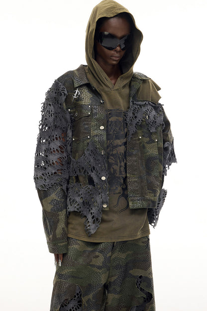 Distressed Camouflage Denim Jacket