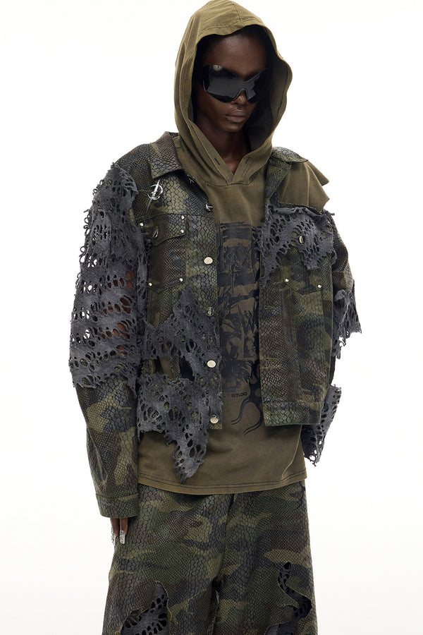 Distressed Camouflage Denim Jacket