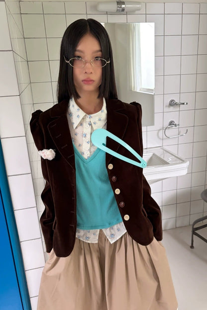 Brown Notch Lapel Puff Sleeve Blazer