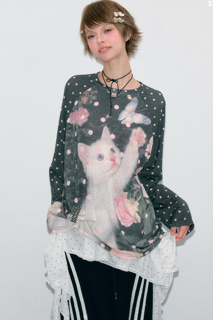 Blouse à imprimé chat et pois