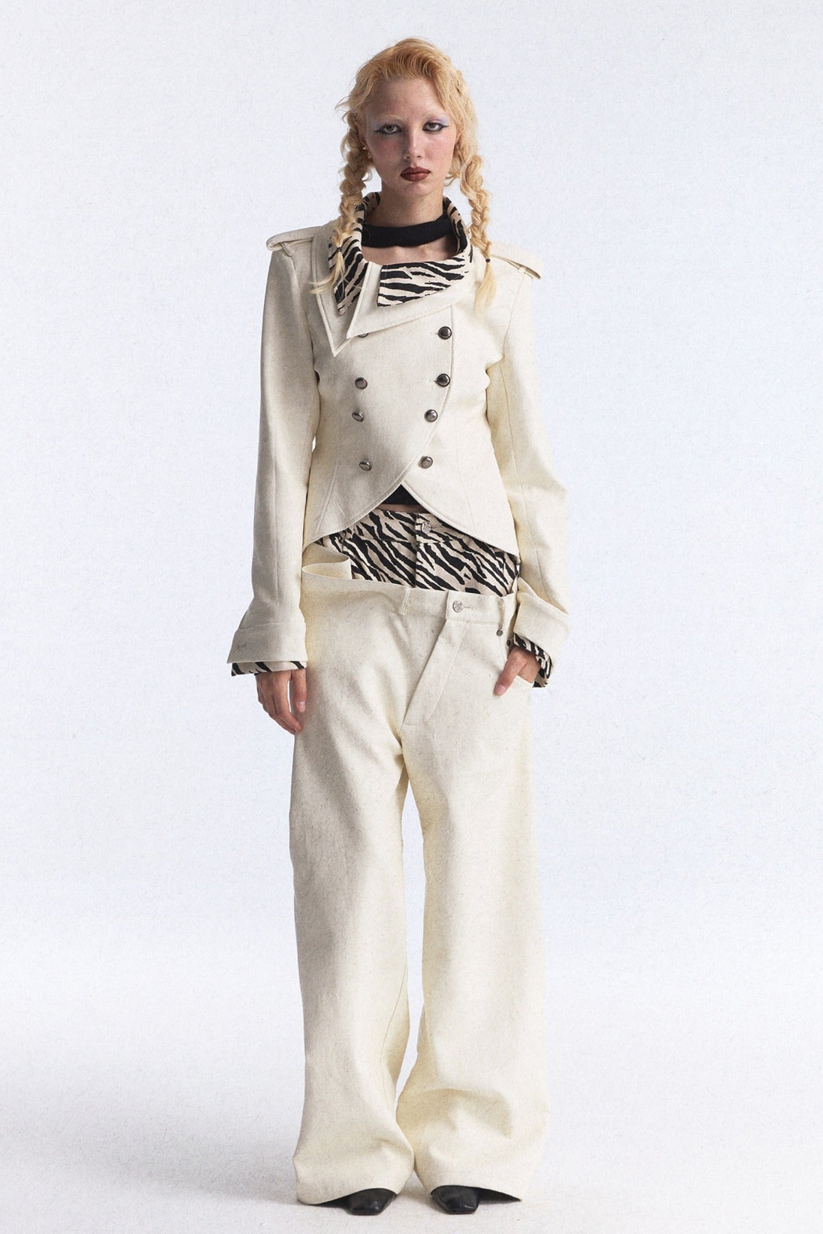 Zebra Print Double Waistband Wide-Leg Pants