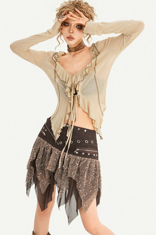 Ruffle Trim Tie-Front Sheer Cardigan Top
