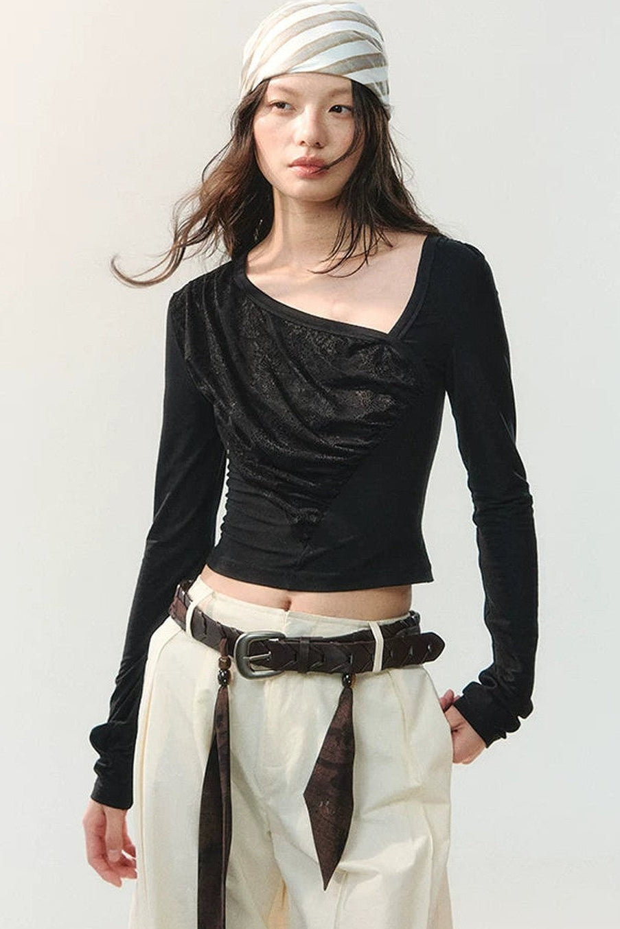 Ink Pleated Lace Asymmetrical T-Shirt