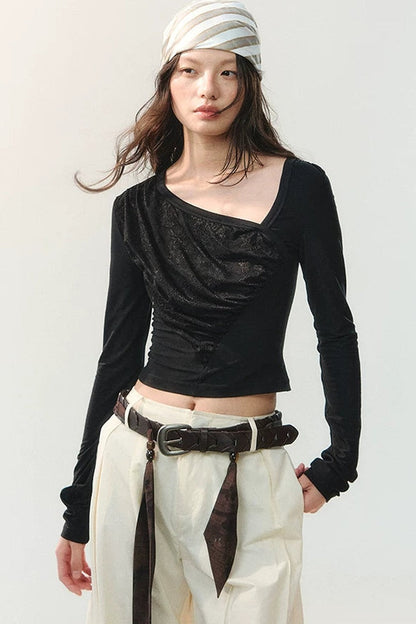 Ink Pleated Lace Asymmetrical T-Shirt