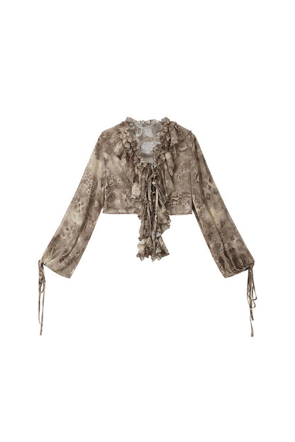 Blusa rétro con scollo a V e volant