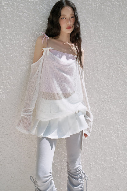 Schulterfreies Mesh-Camisole mit Schleifenband und Überwurf-Set