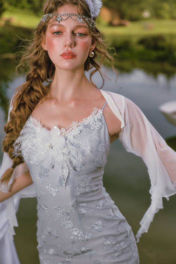 Little Swan Floral Fishtail Dress Shawl Set-Up