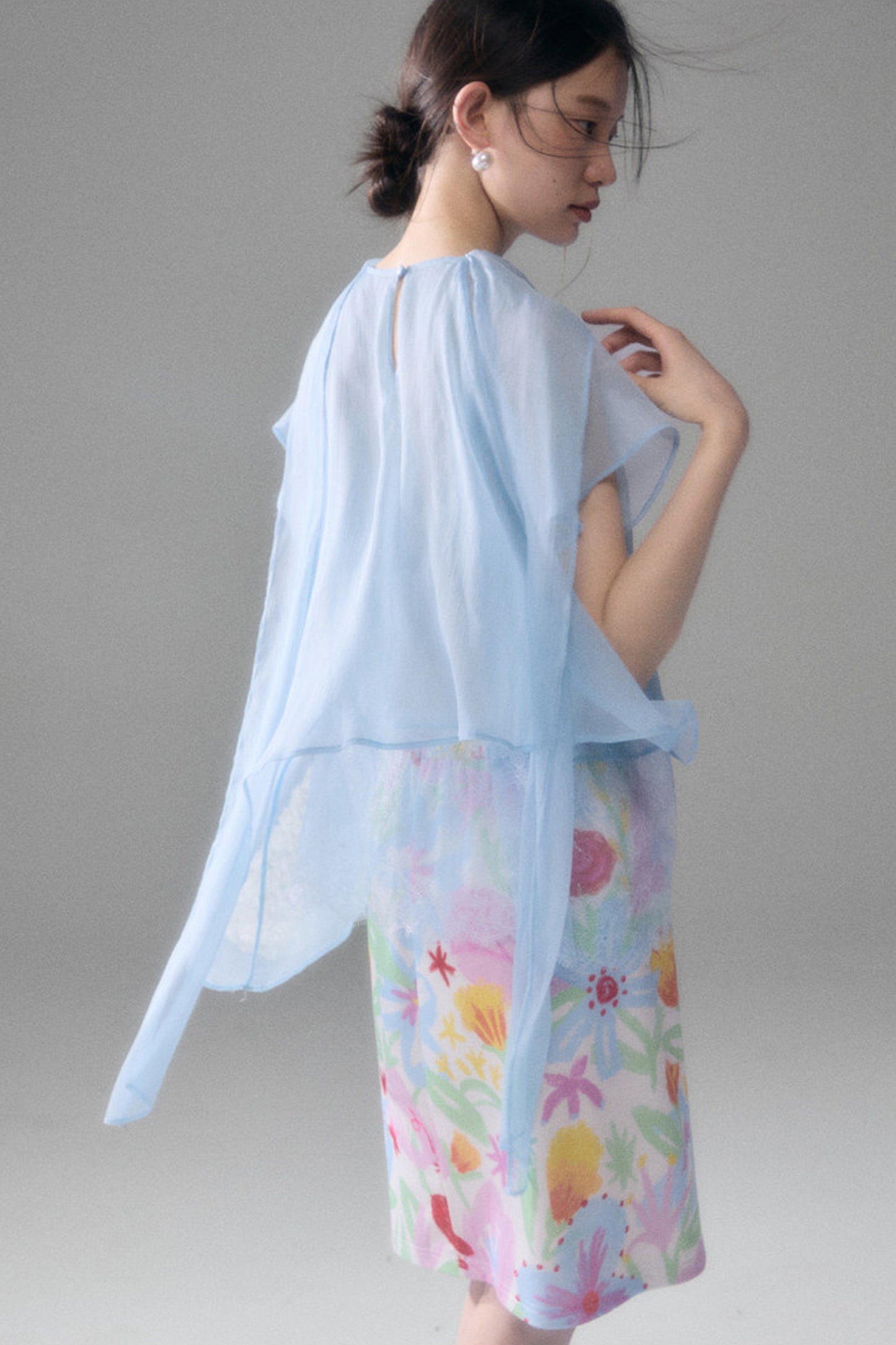 Sheer Blue Lace Ribbon Short Sleeve Top