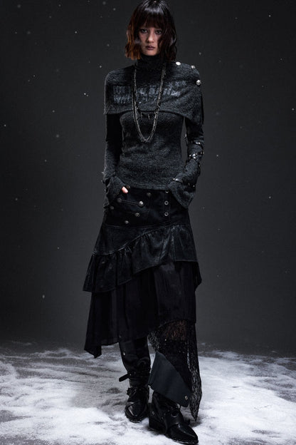 Palace-Style Suede Patchwork Asymmetrical Skirt