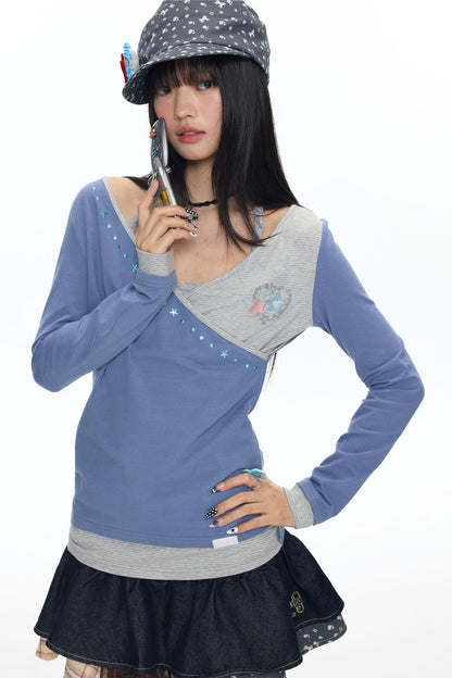 Diagonal Placket Layered-Look T-Shirt