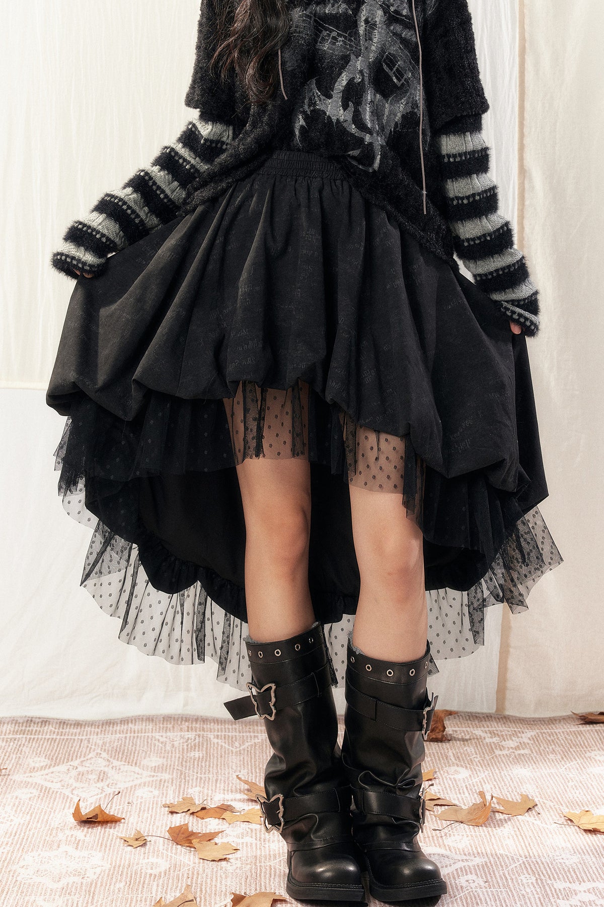 Black Asymmetrical Lace Splicing Polka Dot Skirt