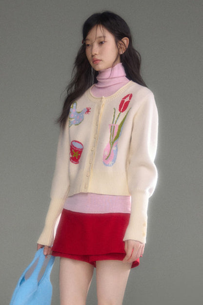 Tulip Bird Jacquard Knit Cardigan