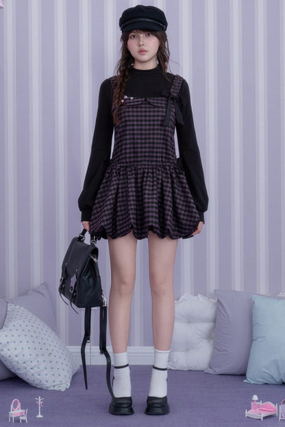 Retro Plaid Long Sleeve Flower Bud Dress
