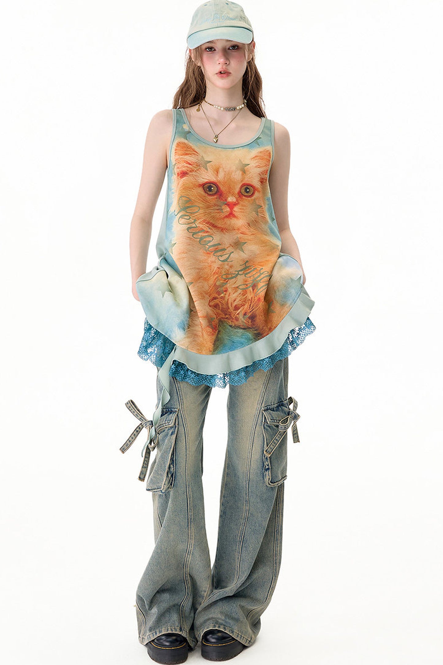 Robe chasuble à imprimé chat et bordure en dentelle