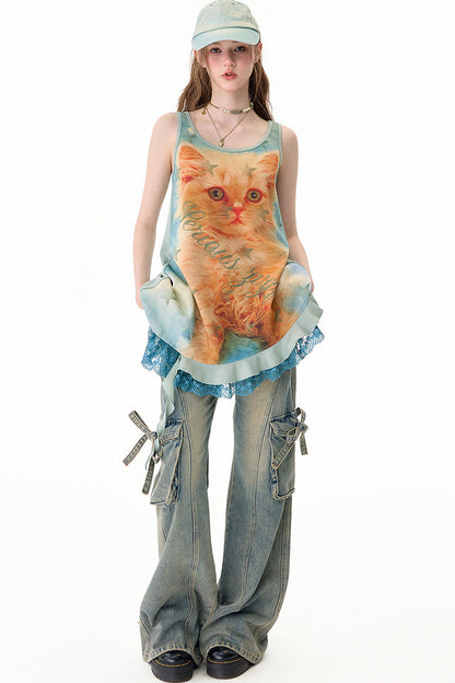 Robe chasuble à imprimé chat et bordure en dentelle