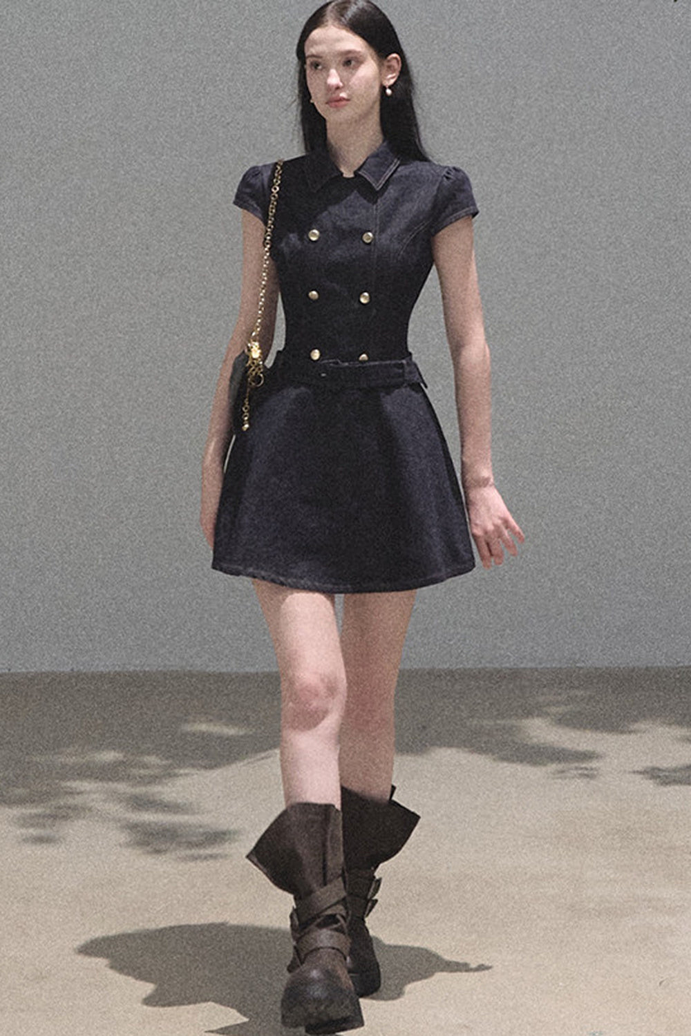 Retro Denim Waist-Cinching Dress Set-Up